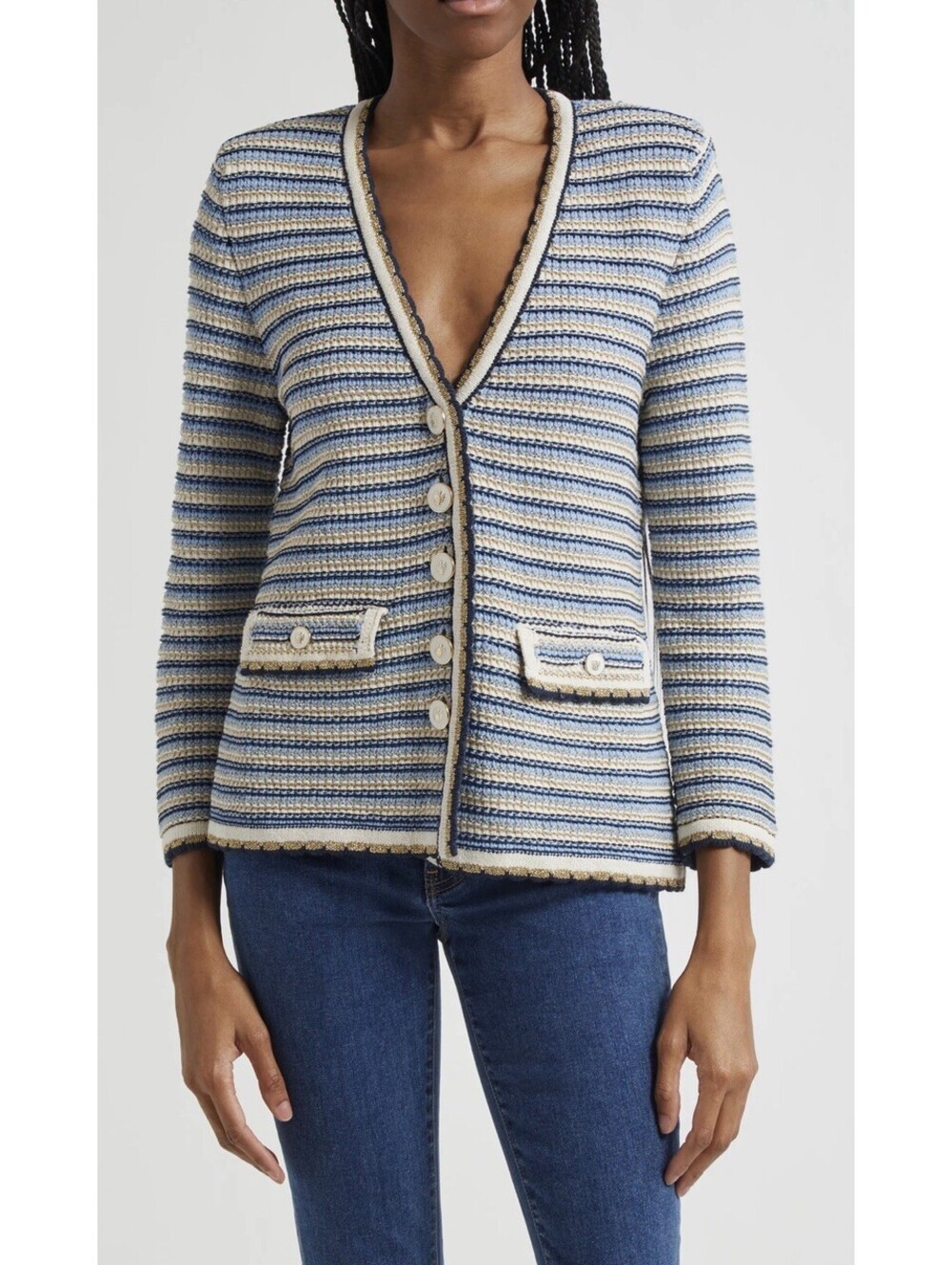 New Veronica Beard Ceriani Stripe Knit Jacket In Navy Multi Size M $498